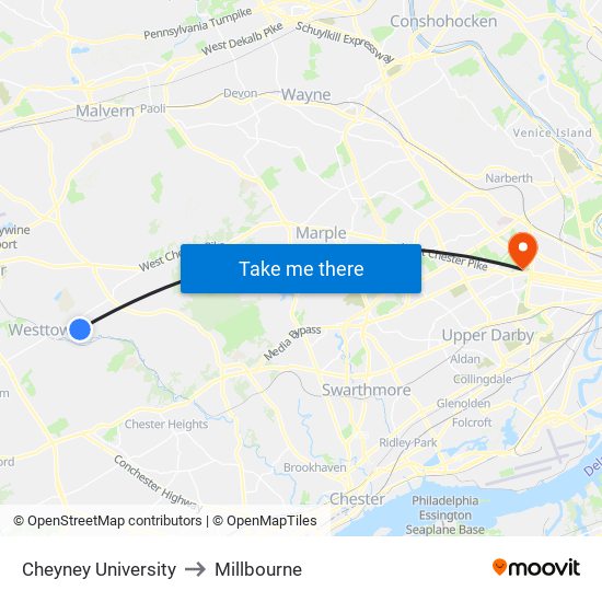 Cheyney University to Millbourne map