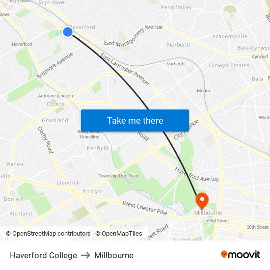 Haverford College to Millbourne map