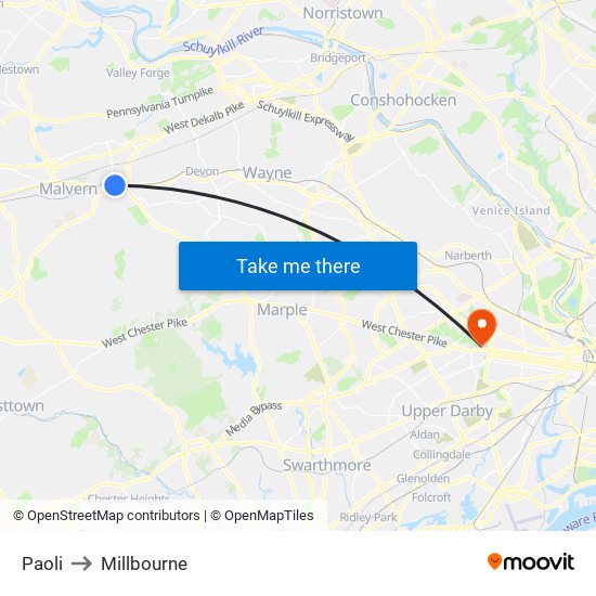 Paoli to Millbourne map