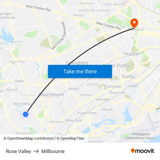 Rose Valley to Millbourne map