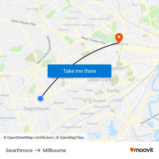 Swarthmore to Millbourne map