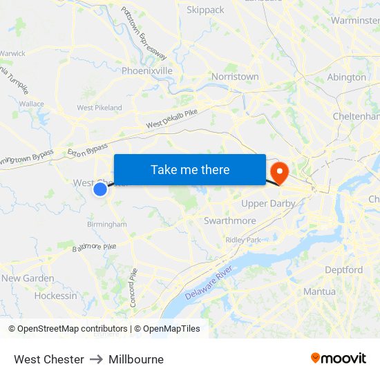 West Chester to Millbourne map