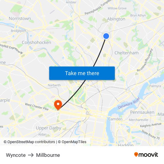 Wyncote to Millbourne map