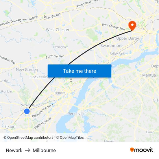 Newark to Millbourne map