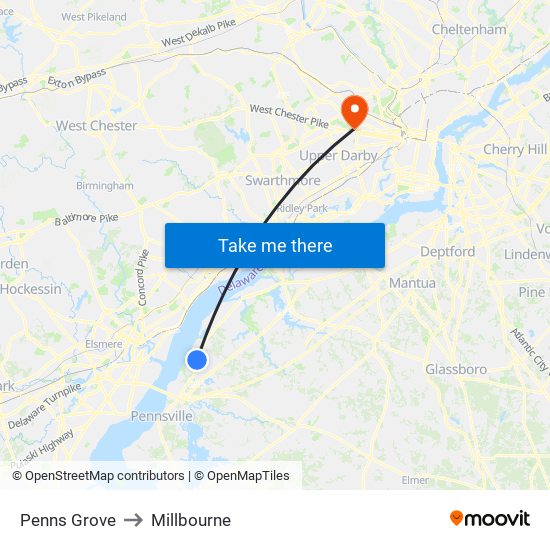 Penns Grove to Millbourne map