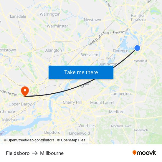 Fieldsboro to Millbourne map