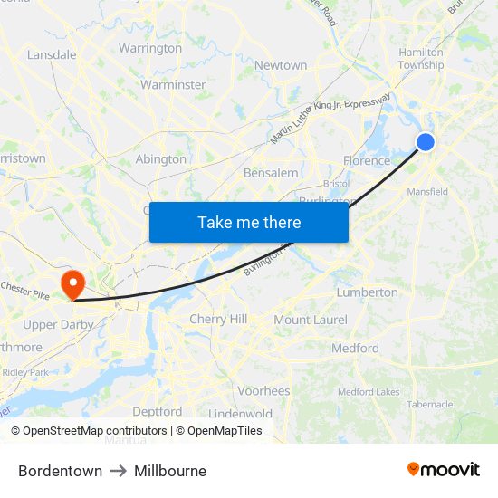 Bordentown to Millbourne map