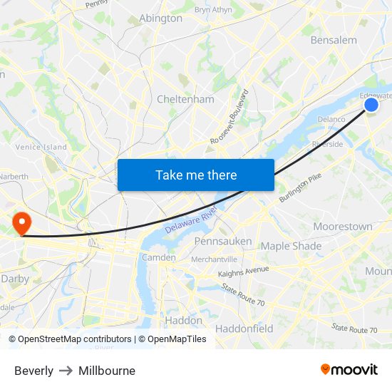 Beverly to Millbourne map