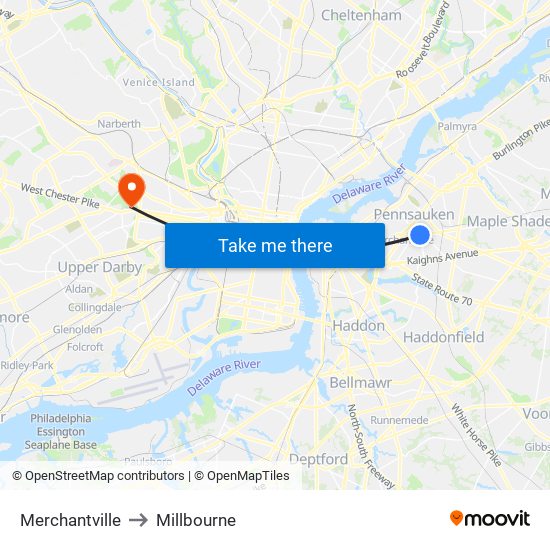 Merchantville to Millbourne map