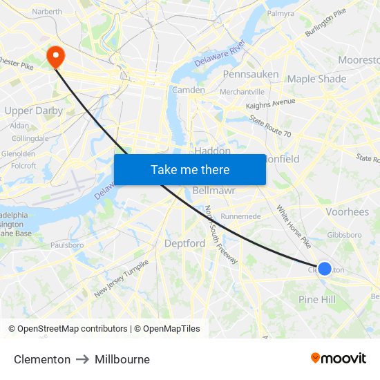 Clementon to Millbourne map