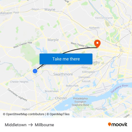 Middletown to Millbourne map
