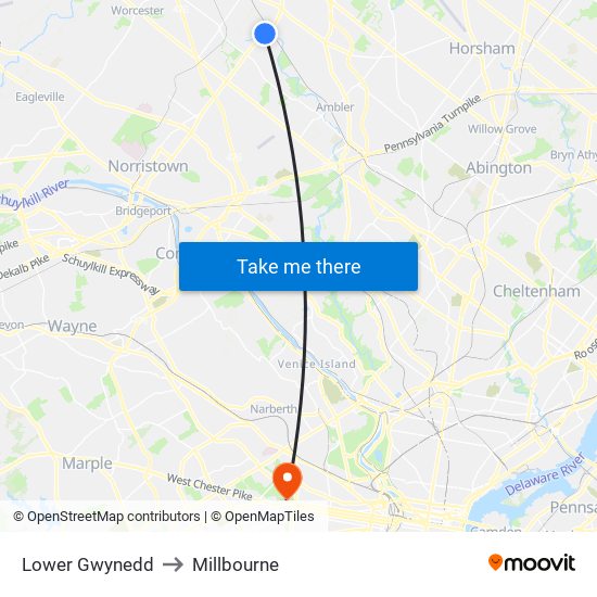 Lower Gwynedd to Millbourne map