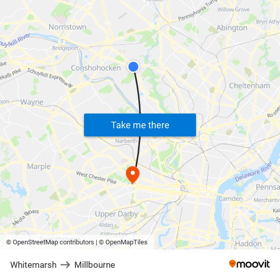 Whitemarsh to Millbourne map