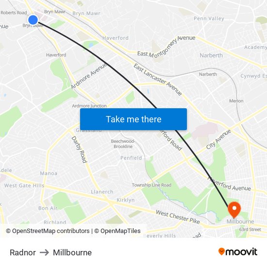 Radnor to Millbourne map