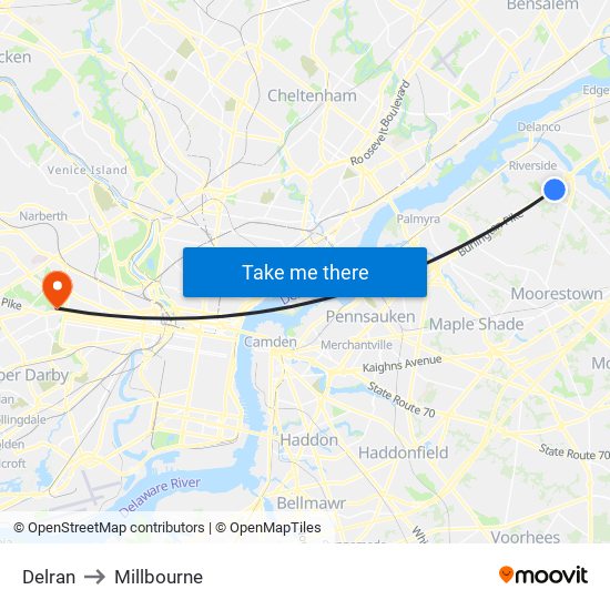 Delran to Millbourne map