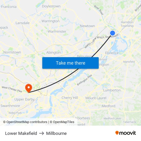 Lower Makefield to Millbourne map