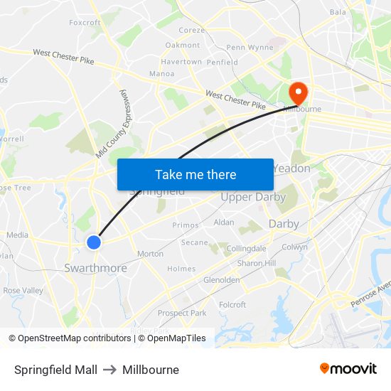 Springfield Mall to Millbourne map
