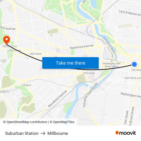 Suburban Station to Millbourne map