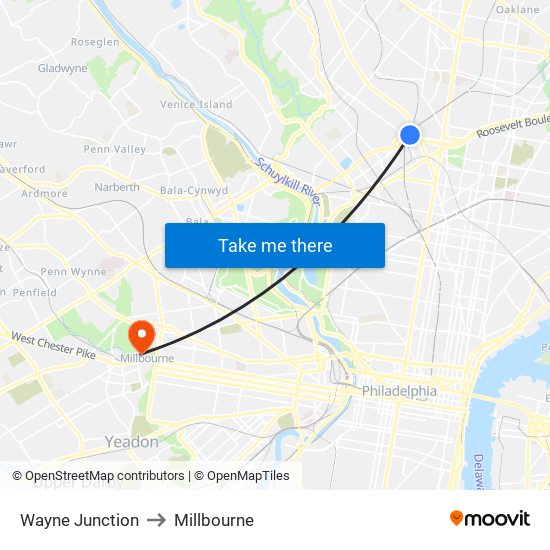 Wayne Junction to Millbourne map