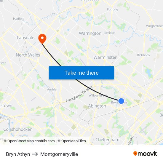 Bryn Athyn to Montgomeryville map