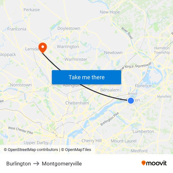 Burlington to Montgomeryville map