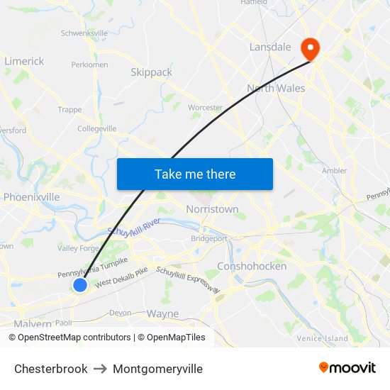 Chesterbrook to Montgomeryville map