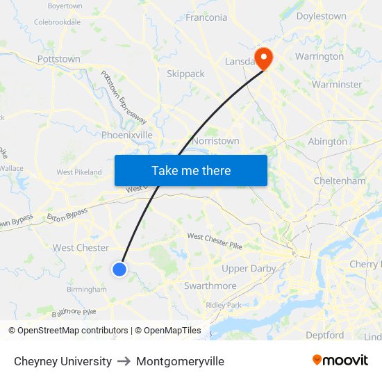 Cheyney University to Montgomeryville map