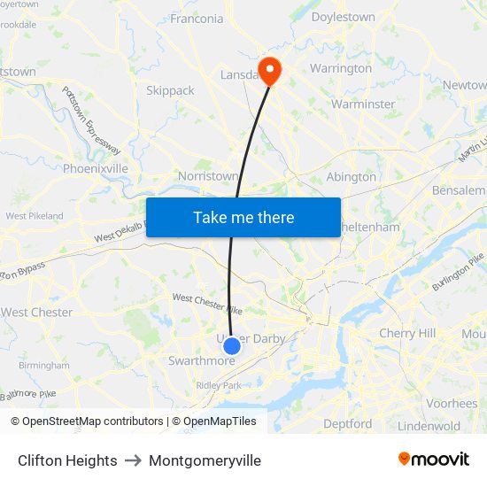 Clifton Heights to Montgomeryville map