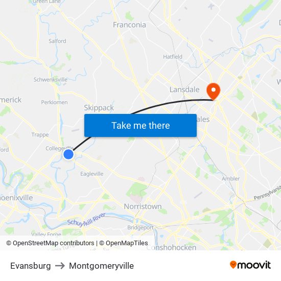 Evansburg to Montgomeryville map