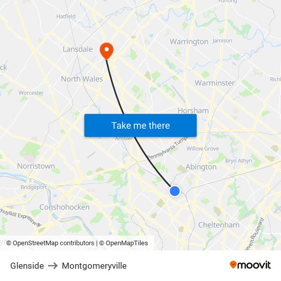 Glenside to Montgomeryville map