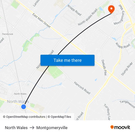 North Wales to Montgomeryville map