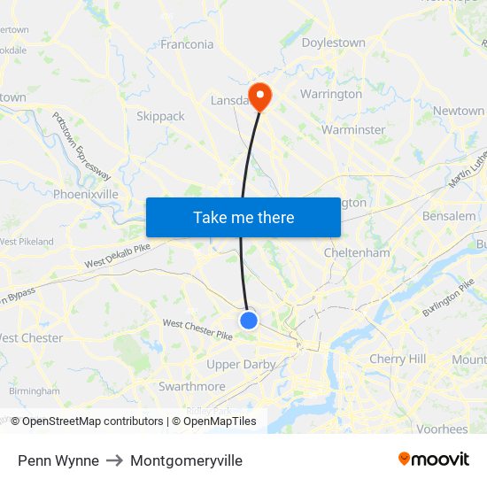 Penn Wynne to Montgomeryville map