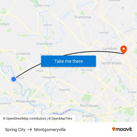 Spring City to Montgomeryville map