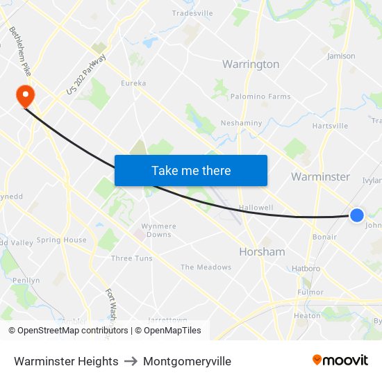 Warminster Heights to Montgomeryville map