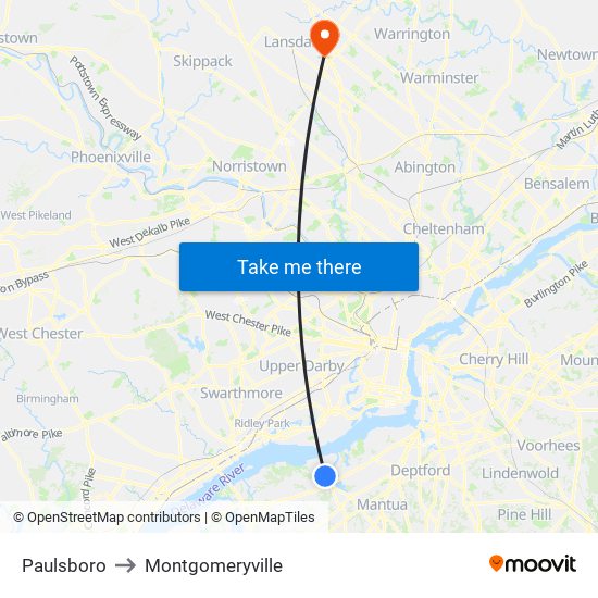 Paulsboro to Montgomeryville map