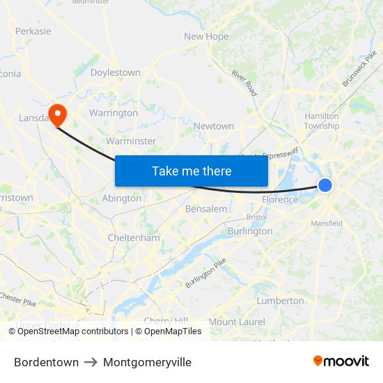 Bordentown to Montgomeryville map