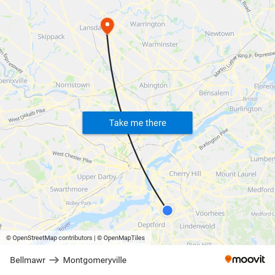 Bellmawr to Montgomeryville map