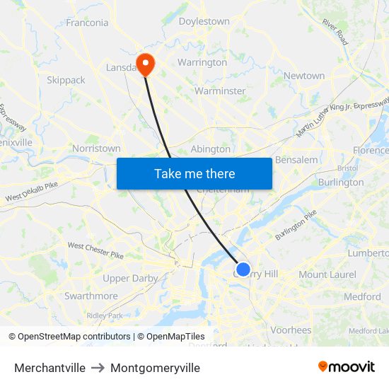 Merchantville to Montgomeryville map