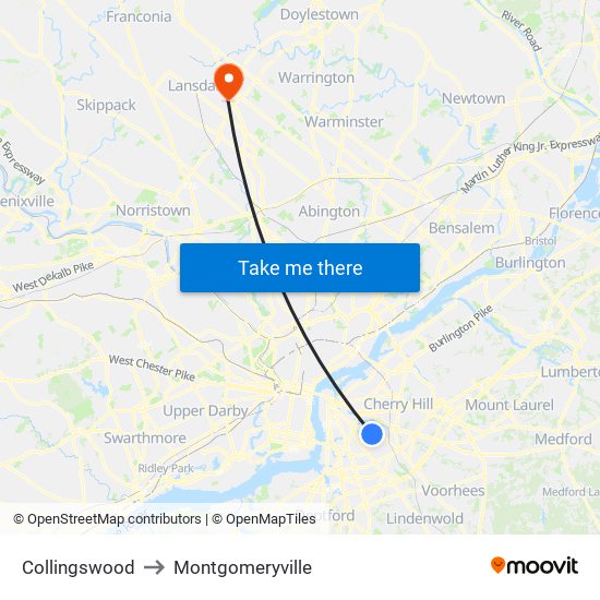 Collingswood to Montgomeryville map
