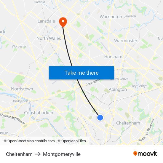 Cheltenham to Montgomeryville map