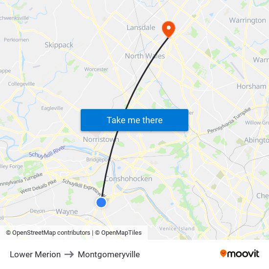 Lower Merion to Montgomeryville map