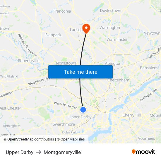 Upper Darby to Montgomeryville map