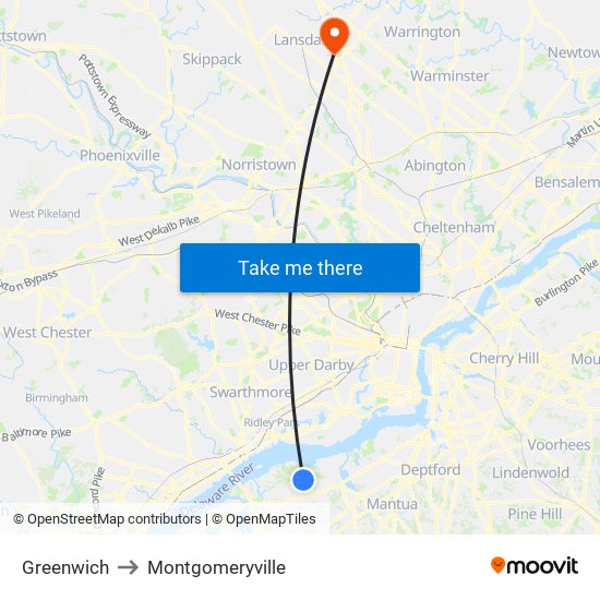 Greenwich to Montgomeryville map