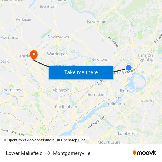 Lower Makefield to Montgomeryville map