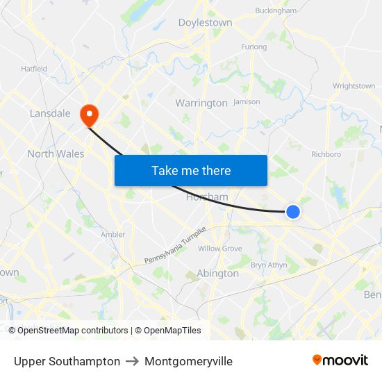 Upper Southampton to Montgomeryville map