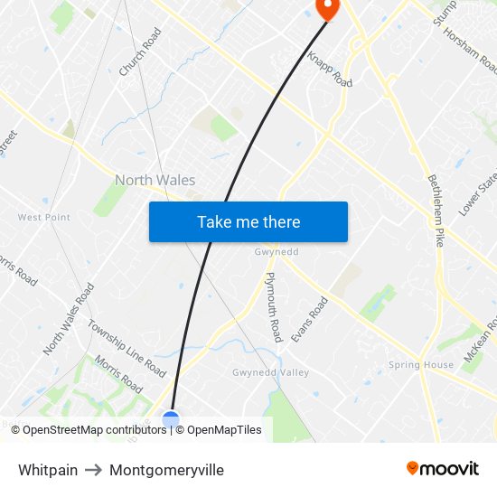Whitpain to Montgomeryville map