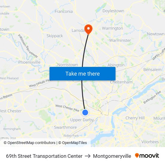69th Street Transportation Center to Montgomeryville map