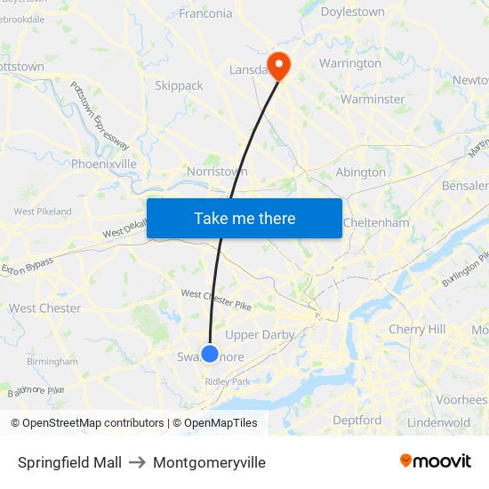 Springfield Mall to Montgomeryville map