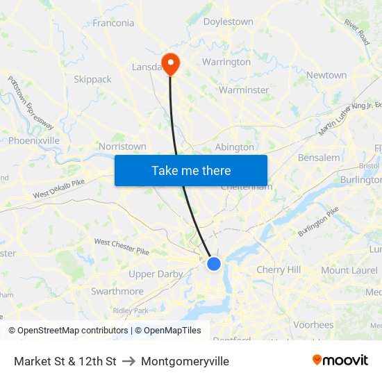 Market St & 12th St to Montgomeryville map