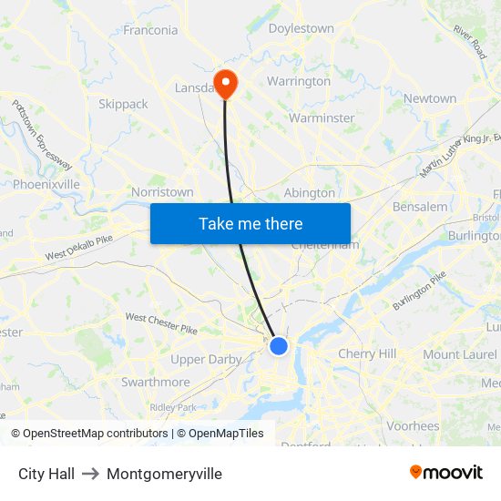 City Hall to Montgomeryville map